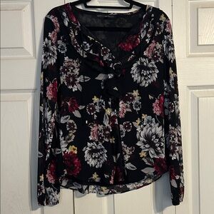 White House Black Market Floral Blouse Black Red White Semi Sheer Ruffle V-Neck